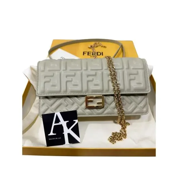 Fendi Wallet on Chain Baguette FF Leather Sage Green Crossbody Shoulder Bag - Picture 2 of 14